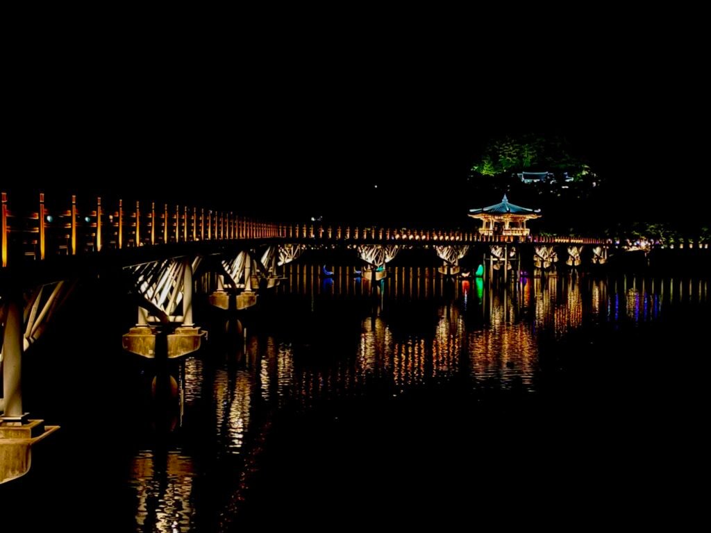 ライトアップされた月映橋の夜景