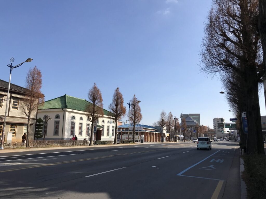 群山の近代建築が並ぶ大通り