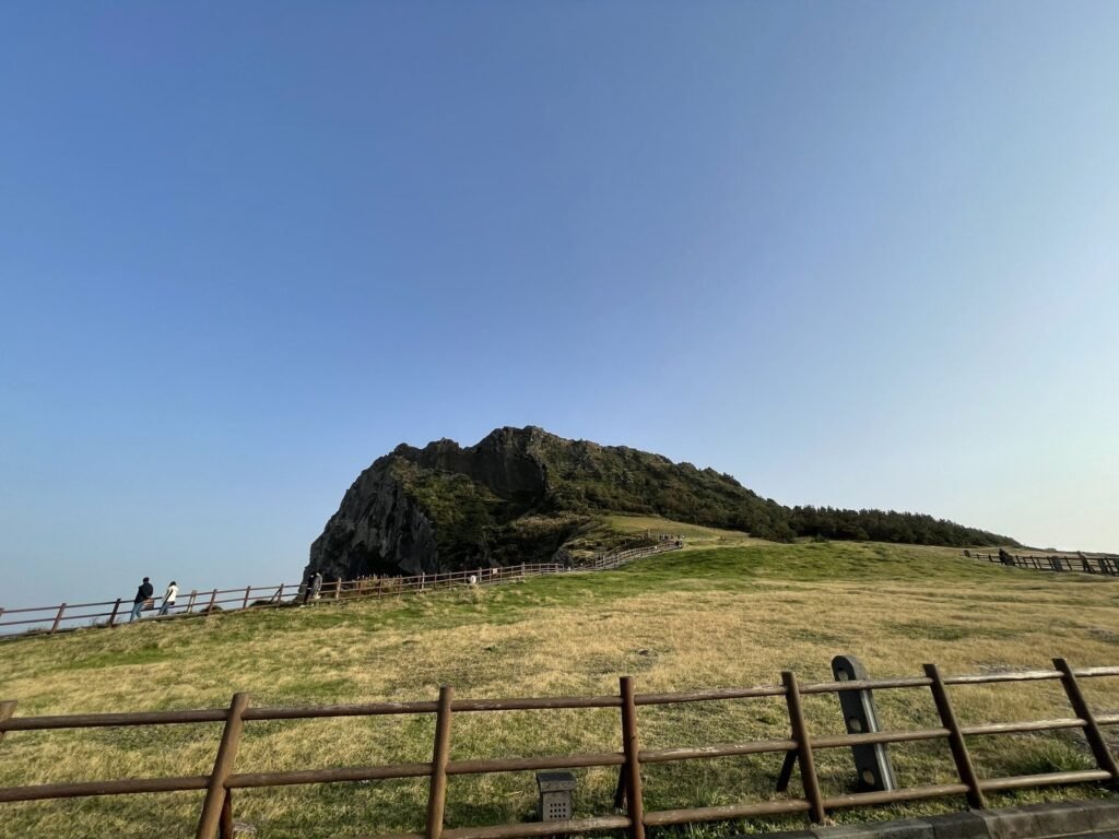 草原の向こうに見える城山日出峰